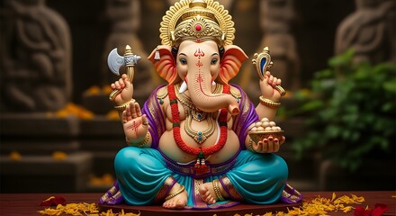 A beautifully decorated statue of lord ganesha seated with offerings and an axe in his hands indoors