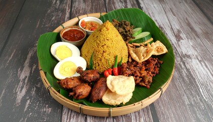 A high-resolution image of Indonesian mini tumpeng with a cone-shaped yellow rice centerpiece, surrounded by traditional side dishes such as fried chicken, sambal, egg, stir-fried tempeh,
