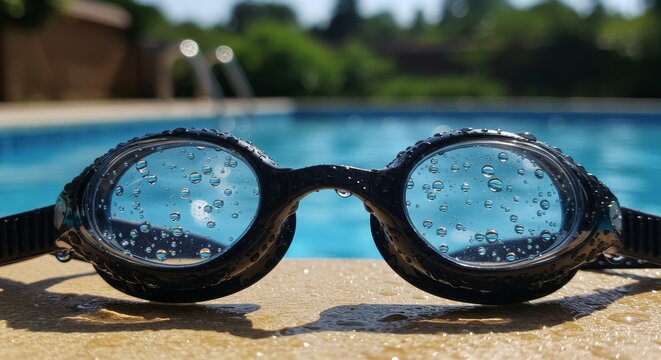 Black swimming goggle with water drops on pool deck. Summer recreation and sport equipment. Wet protective eyewear.