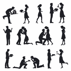 Romantic Couple Silhouette Portraits in Love-Themed and Wedding Scenes for Printables, Crafts, and Personalized Gifts – Minimal Flat Black Vector Set


