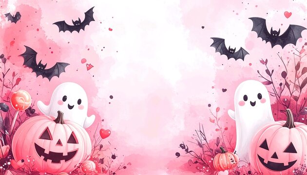 Cute Pink Halloween Background with Ghosts and Jack O Lanterns