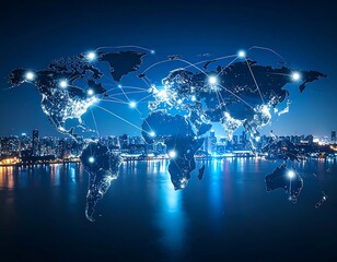 Illuminated world map with glowing network connections overlaid on a cityscape at night, reflecting on water