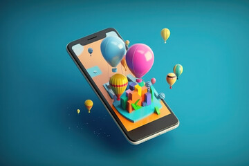 Smartphone displaying hot air balloons and miniature city scene