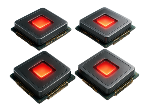 Four futuristic microchips with glowing red centers arranged in a square pattern on transparent background.