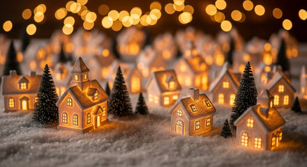 Obraz premium Miniature Christmas village with illuminated houses and trees in snow. A cozy winter holiday scene with warm festive lights and bokeh.