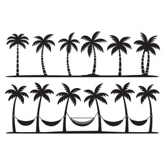 A collection of black silhouette illustrations of palm trees arranged in three rows against a white background. 