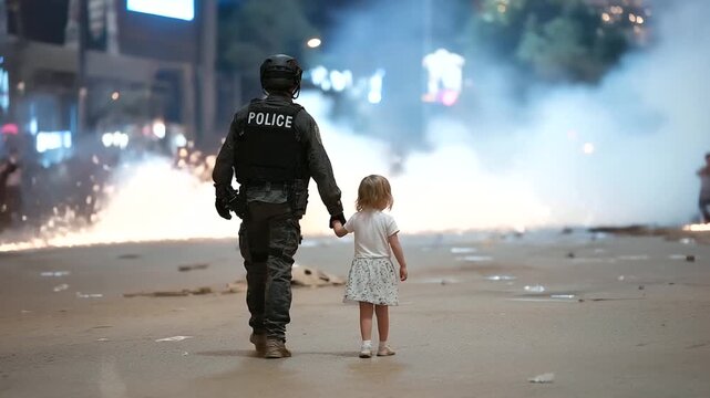 Officer Guiding Child Through Crowded Area for Safety Protection