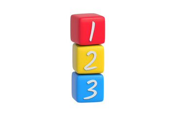 Stack of 1, 2, 3 numbers blocks for preschool education isolated on white background. Colorful cubes with digits for studying. 3d render
