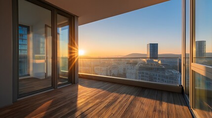 Spacious balcony of rental apartment overlooking city skyline during a stunning sunset view