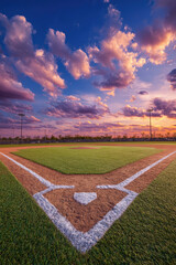 Vibrant sunset over the illuminated baseball field inviting evening excitement and endless possibilities for play