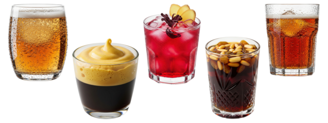 Variety of cold and fizzy beverages including cola, espresso foam coffee, hibiscus drink with apple, and pine nut punch