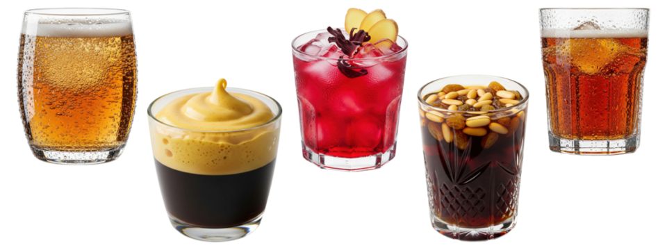 Variety of cold and fizzy beverages including cola, espresso foam coffee, hibiscus drink with apple, and pine nut punch