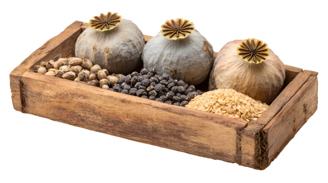 Poppy seed heads and various seeds in wooden box
