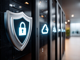 Glowing shield and padlock icon symbolizing data protection and cybersecurity in a modern server room