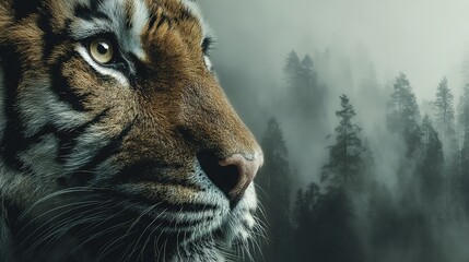 Dramatic tiger face close-up with double exposure rainforest background, symbolizing strength and fragility, cinematic mood, photorealistic, World Animal Day awareness, high contrast, commercial poste