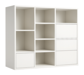 Modern white shelving unit with multiple open compartments and drawers on transparent background.