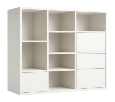 Modern white shelving unit with multiple open compartments and drawers on transparent background.