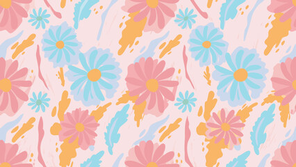 Aesthetic floral pattern featuring pink and blue daisies with abstract brush strokes background art design
