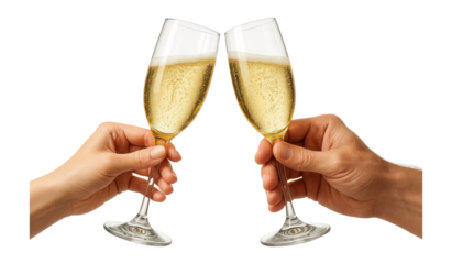 Two hands clink champagne glasses filled with sparkling wine on transparent background.