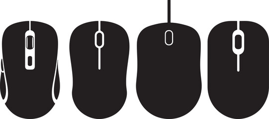 Four computer mice shown in a row with a silhouette style
