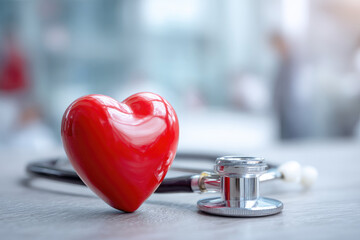 Red heart love shape hand exercise ball with doctor physician's stethoscope on hospital background: Hospital life insurance concept: World heart health day. doctor day, world hypertension day