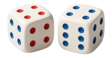 Two white dice with red and blue dots, displaying different numbers on transparent background.