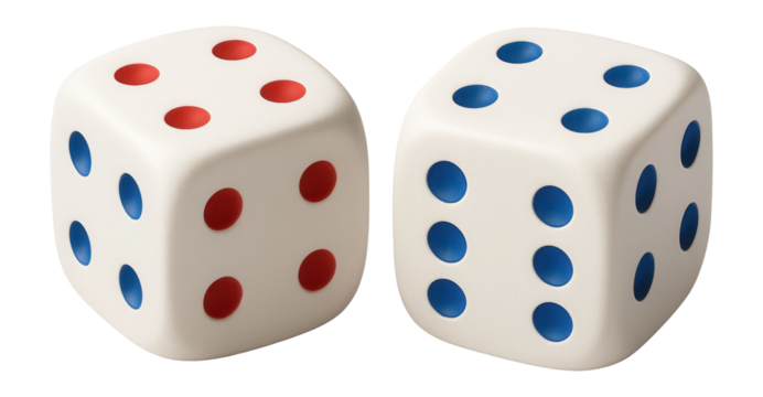 Two white dice with red and blue dots, displaying different numbers on transparent background.