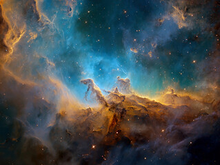 Close-up view of a cosmic nebula resembling a horses head and mane, bathed in blue, orange, and white hues Detailed structures and crevices contribute to its complexity Background fe - AI-Generated