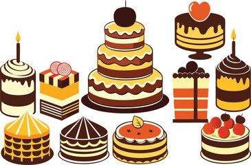 A collection of tempting photographs showcasing of delicious cakes and pastries on plates, highlighting their rich textures and decorative details