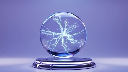 Bioluminescent orb with intricate, branching pattern rests on a chrome pedestal against a muted blue backdrop, emitting an ethereal glow - Powered by Adobe
