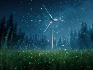 Three wind turbines in a nighttime emerald field, surrounded by a forest silhouette, symbolizing renewable energy and environmental protection - AI-Generated