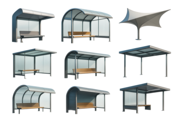 A collection of various modern bus stop shelter designs featuring metal and glass structures with wooden benches on transparent background.