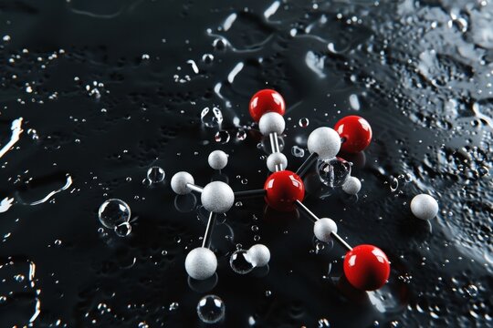 Molecular structure of water with vibrant red and white atoms on a dark surface surrounded by droplets - Powered by Adobe