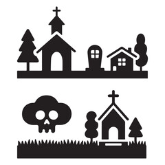  A vector illustration of a minimalist icon set depicting cemetery elements arranged neatly in two rows against a clean white background. 