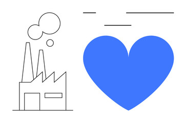 Factory emitting smoke next to vibrant blue heart, emphasizing balance between industrial growth and environmental or social responsibility. Ideal for sustainability, corporate ethics, industry