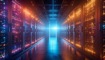 Fototapeta premium Data Center Servers Glowing with Light in Dark Room