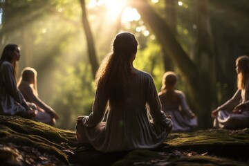 Wellbeing womans doing yoga nature adult spirituality.