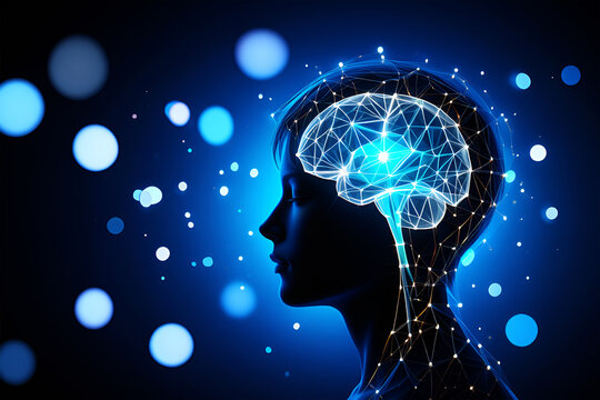 Futuristic human head with glowing digital brain and network connections profile