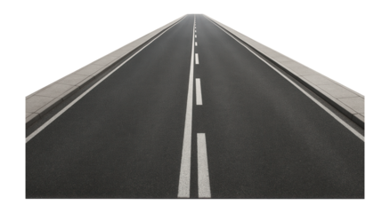 Straight asphalt road with white lane markings and concrete sidewalks on either side, extending into the distance on transparent background.
