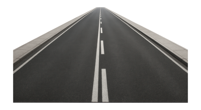 Straight asphalt road with white lane markings and concrete sidewalks on either side, extending into the distance on transparent background.