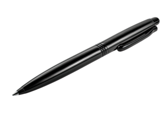 A sleek, black ballpoint pen, angled in a product shot.  The pen's body is smooth and glossy.  A slightly rounded grip section is visible near the top of the pen