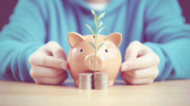 Money plant sprouting from ceramic piggy bank, hands sheltering symbolic representation of financial nurturing and wealth development