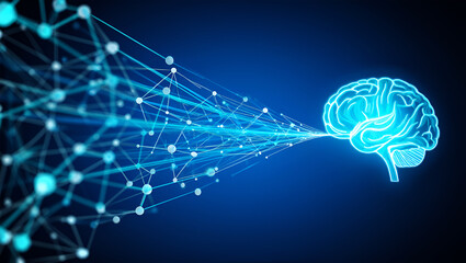 Glowing blue brain connected by digital network lines technology connection