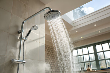 Close-up of a modern chrome shower head releasing streams of water against a tiled wall, symbolizing cleanliness and daily routine.
