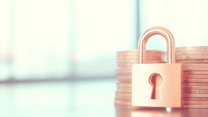 Fototapeta premium Padlock is guarding stack of coins representing financial security, illustrating financial independence and security concept