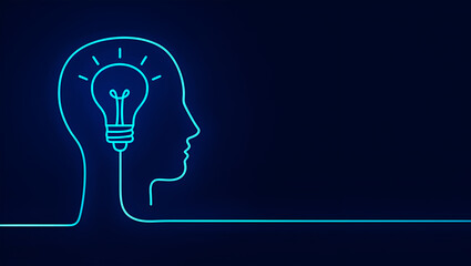Glowing blue head outline with lightbulb inside on dark background idea