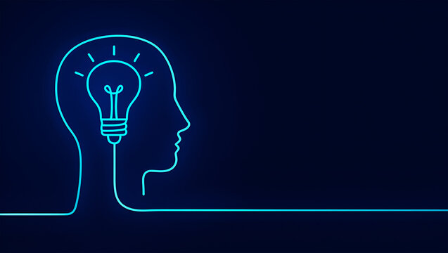 Glowing blue head outline with lightbulb inside on dark background idea