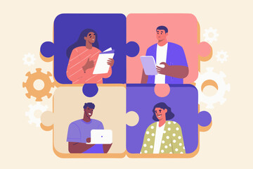 Diverse team collaborating in a virtual meeting represented by puzzle pieces