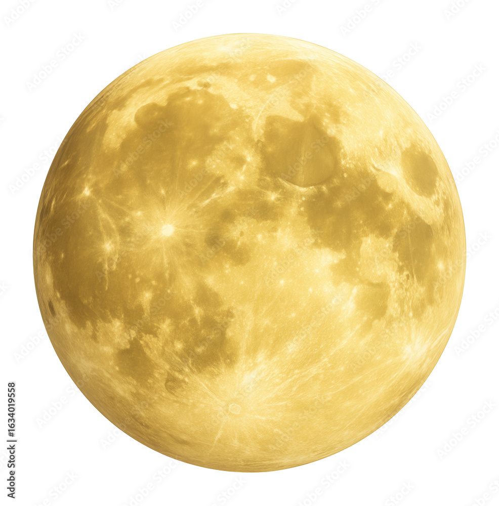 Wall mural high-resolution full yellow moon with detailed craters and surface texture on transparent background