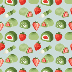 seamless pattern with strawberries matcha series